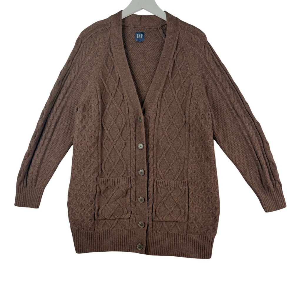 Gap Cardigan Sweater Womens M Brown Cable Knit Wool Blend Academia Chunky Cozy